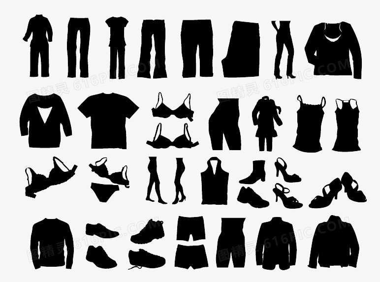 黑色各类男女服装和鞋靴样式元素图标