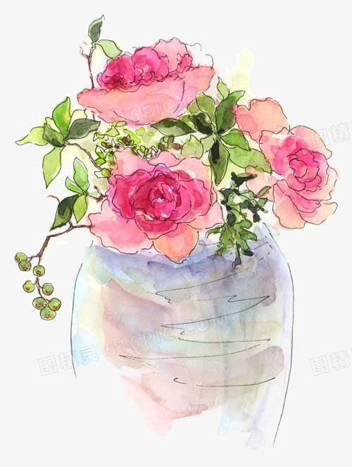 卡通粉色玫瑰花朵油彩花瓶