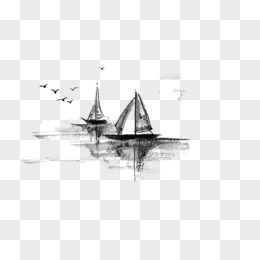 中国风剪影手绘图片  中国风手绘海景帆船山水画
