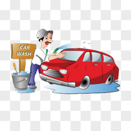 卡通版的男子洗车工给红色车洗车