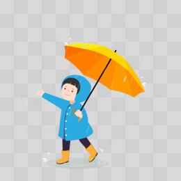 手绘扁平小男孩雨天打伞免抠元素pngpsd手绘卡通男孩下雨穿雨衣踩水塘