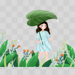 手绘插画风女生雨中用树叶遮雨免抠元素