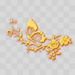 金色浮雕蝴蝶花卉装饰元素