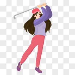 卡通手绘女生打高尔夫挥棒免抠元素