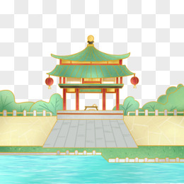 手绘插画风写实亭台楼阁素材pngpsd手绘国潮风国潮亭台楼阁建筑素材