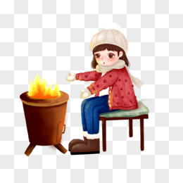 手绘卡通小女孩烤火取暖素材