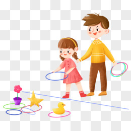 手绘卡通爸爸和女儿一起玩套圈游戏免抠元素