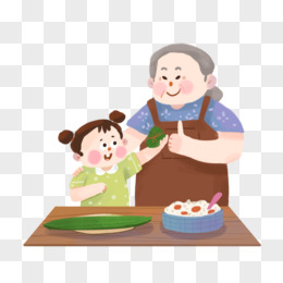 卡通小孩子和奶奶一起包粽子免抠素材