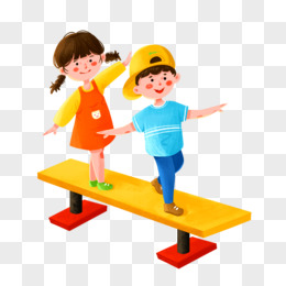 卡通儿童双人走平衡木玩耍素材