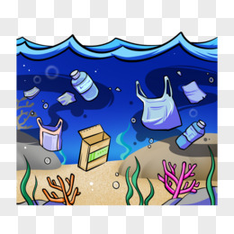 卡通海洋遭被塑料垃圾和污水污染的场景元素
