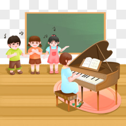 手绘学生上声乐课老师弹琴场景素材